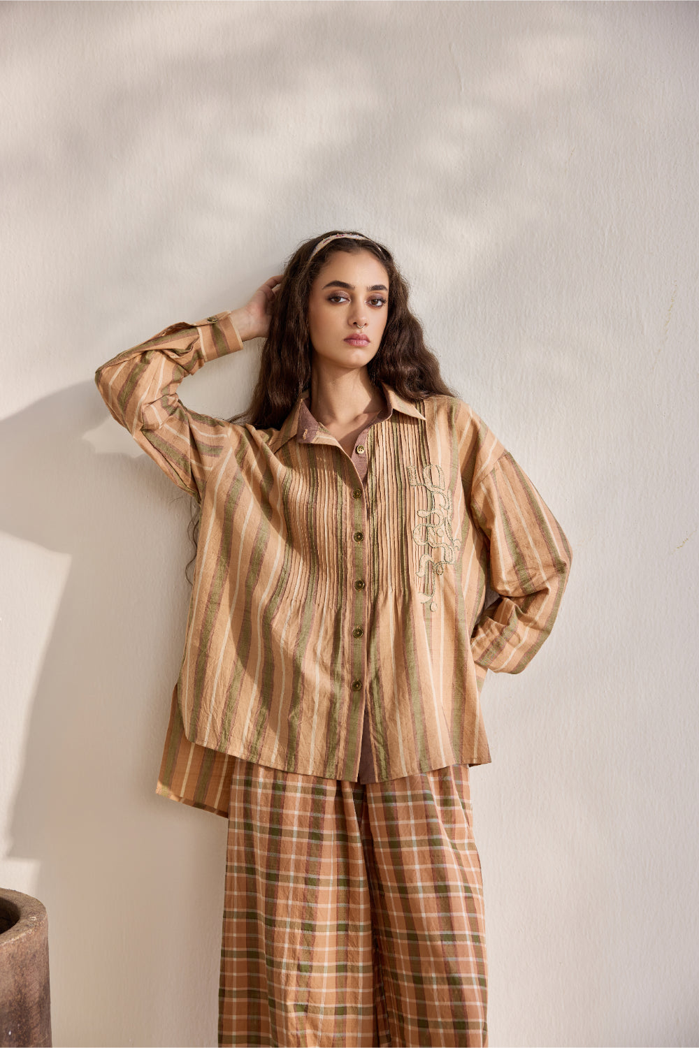 Chai striped pintuck applique work cotton button down shirt
