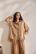 Chai striped pintuck applique work cotton button down shirt