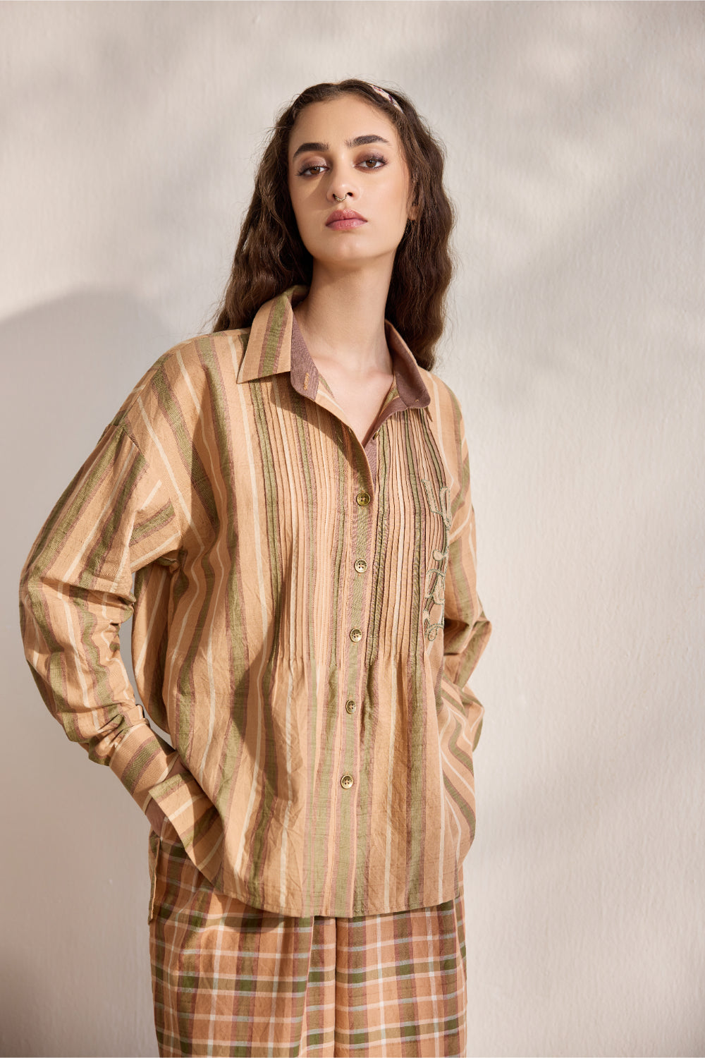 Chai striped pintuck applique work cotton button down shirt