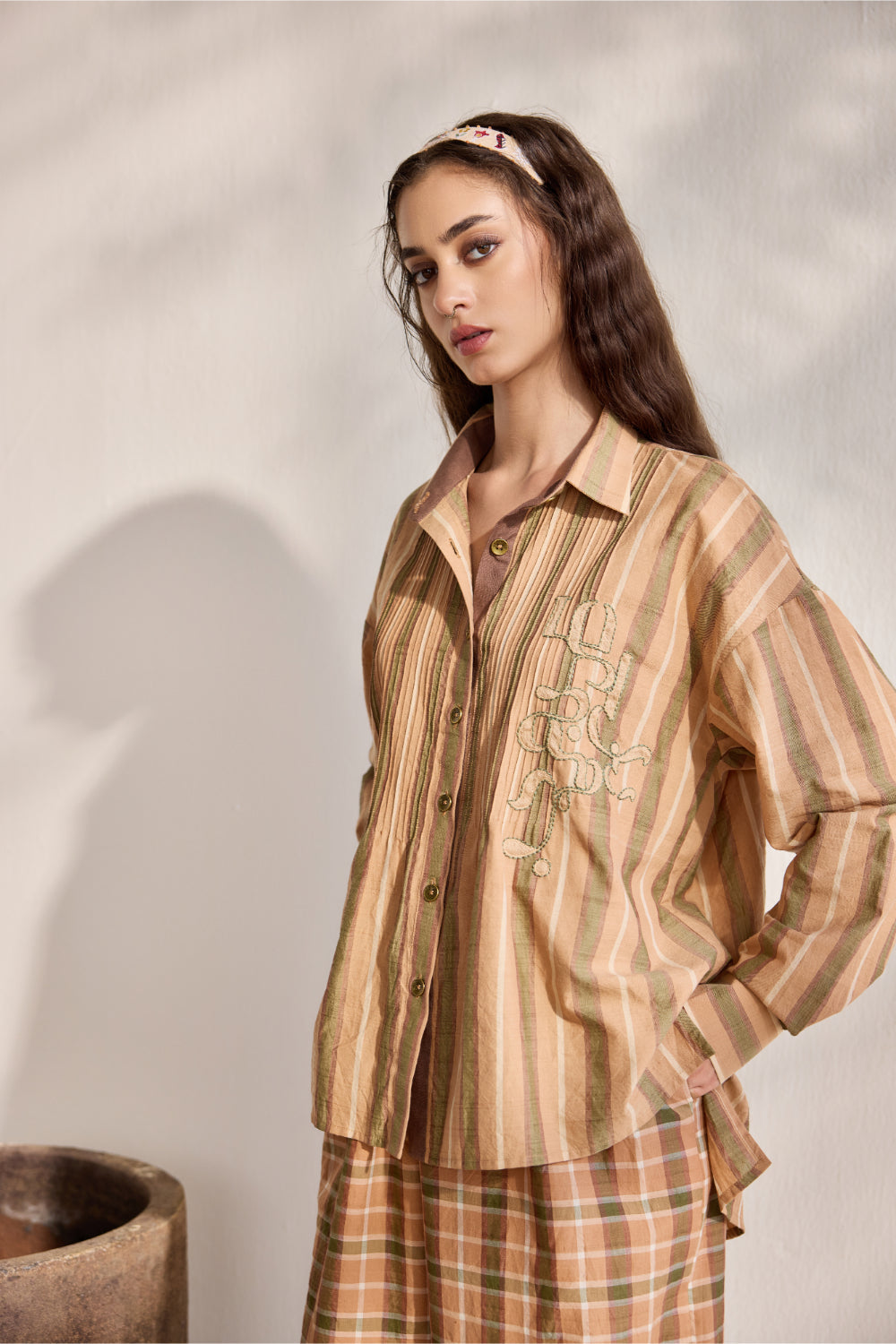 Chai striped pintuck applique work cotton button down shirt