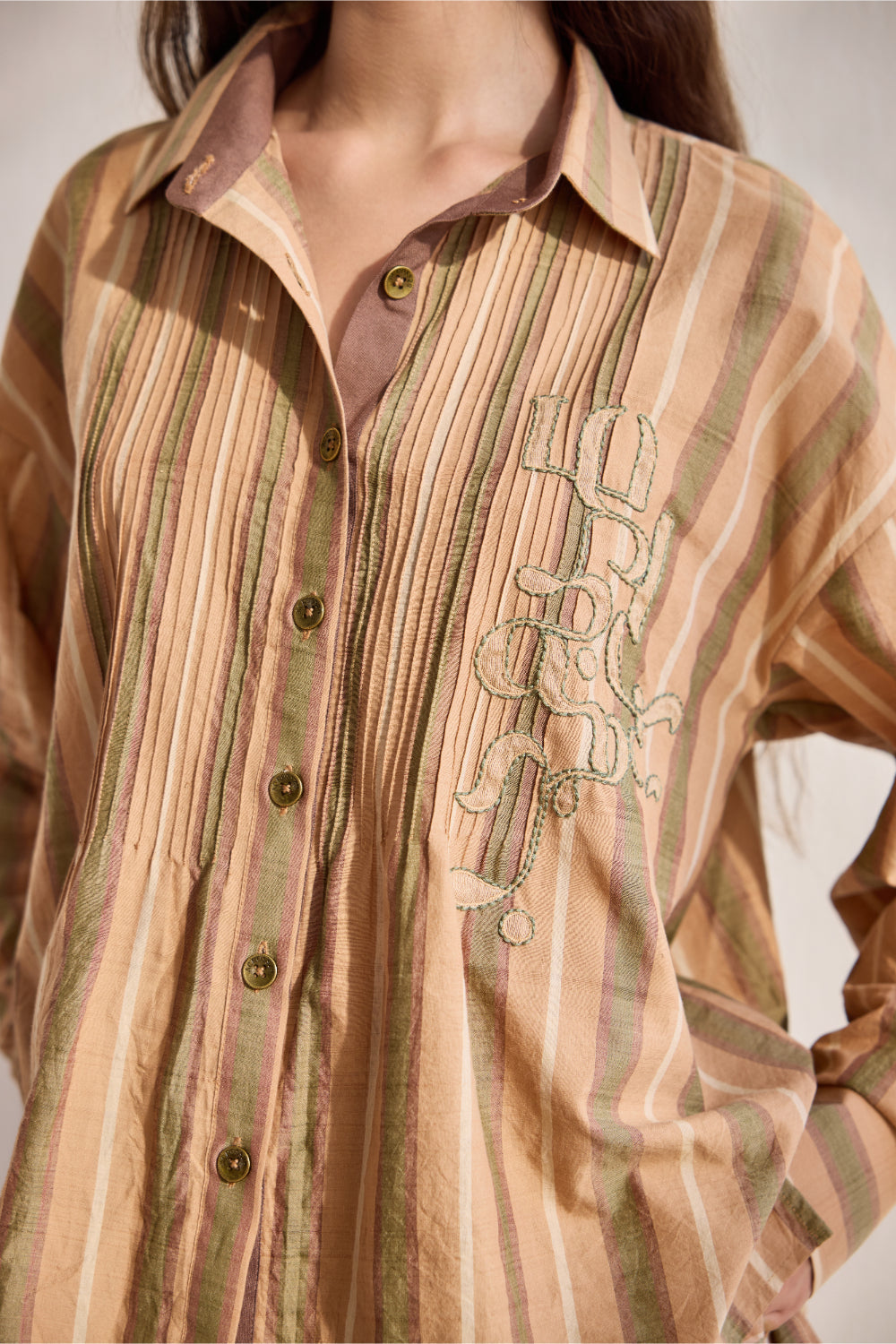 Chai striped pintuck applique work cotton button down shirt