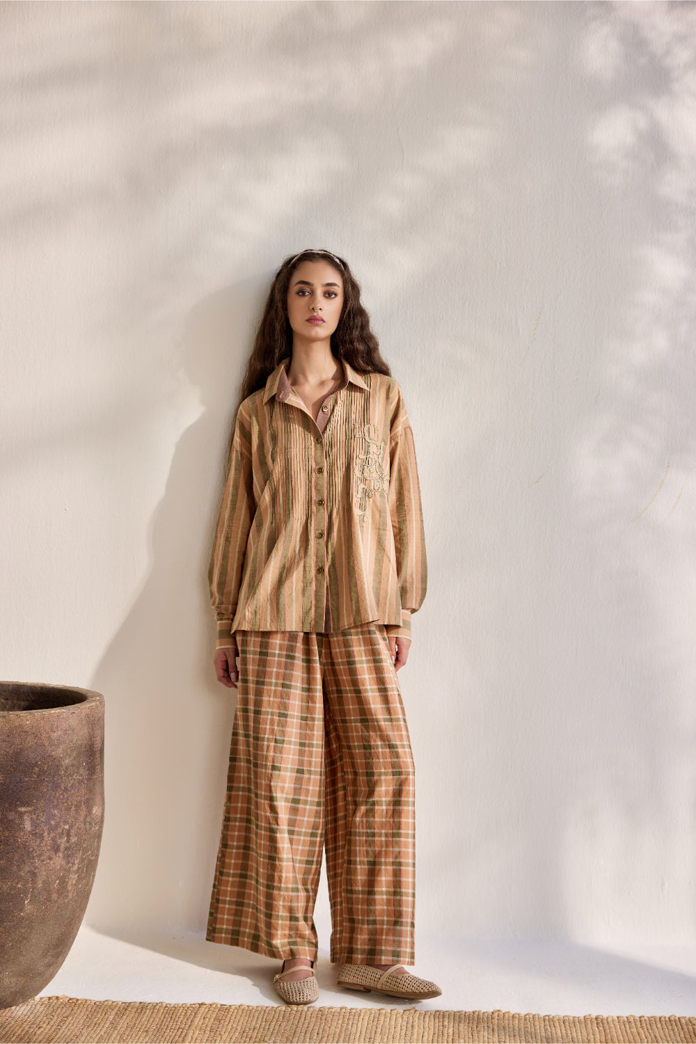 Chai striped pintuck applique work cotton button down shirt