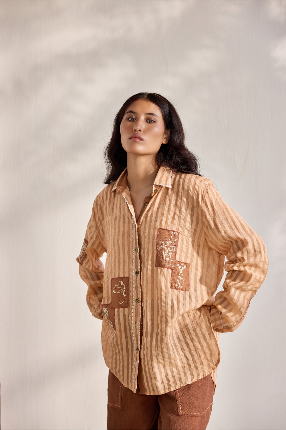Chai woven striped embroidered patchwork button down shirt