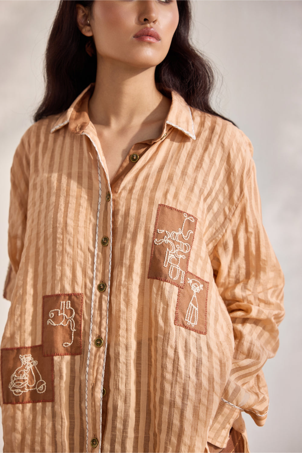 Chai woven striped embroidered patchwork button down shirt