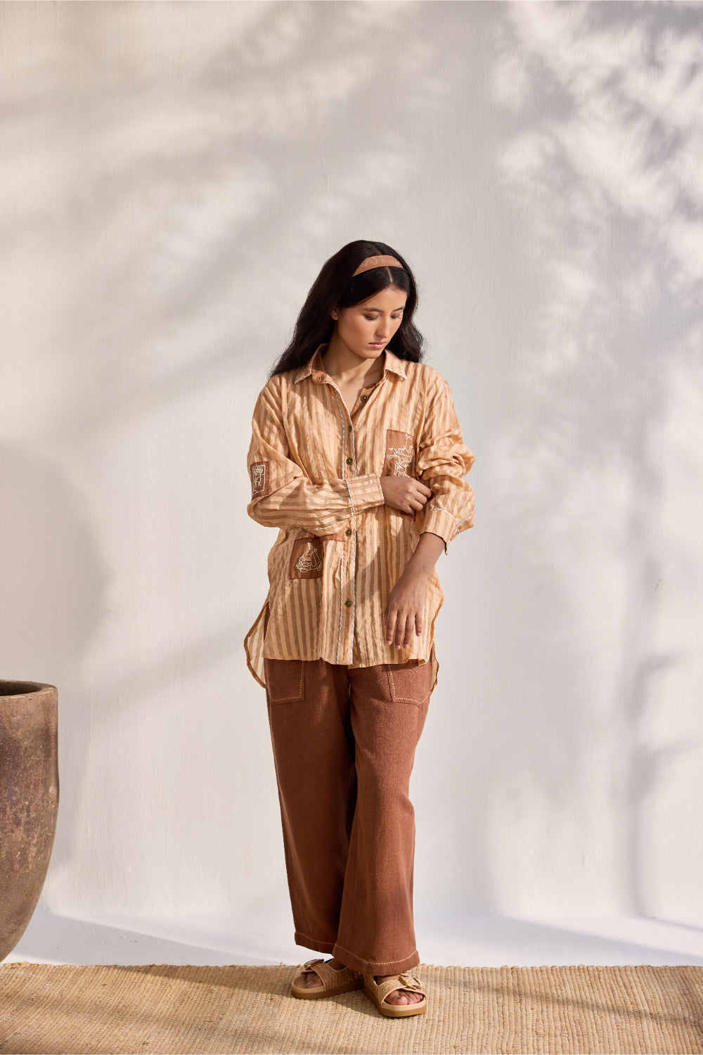 Chai woven striped embroidered patchwork button down shirt