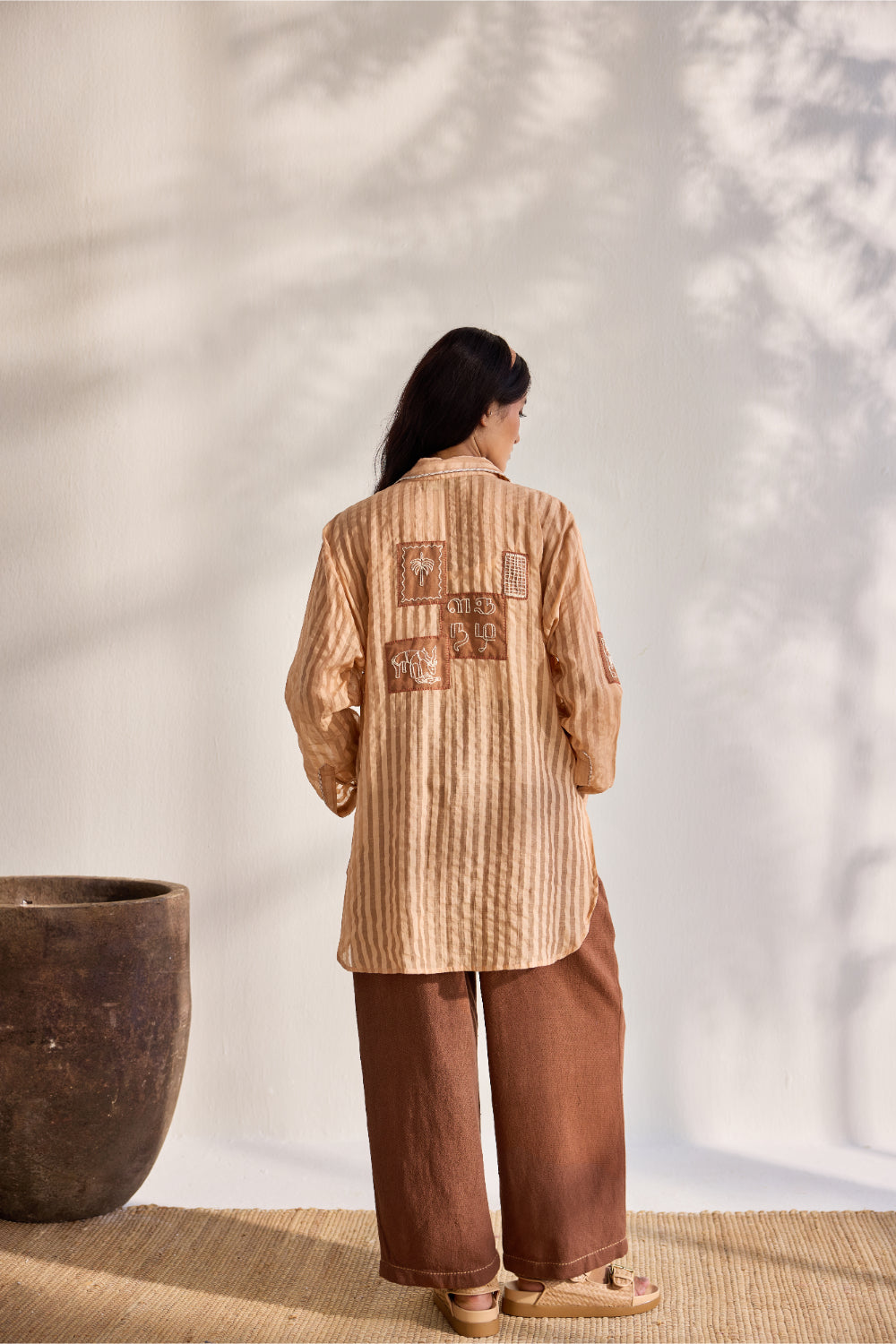 Chai woven striped embroidered patchwork button down shirt
