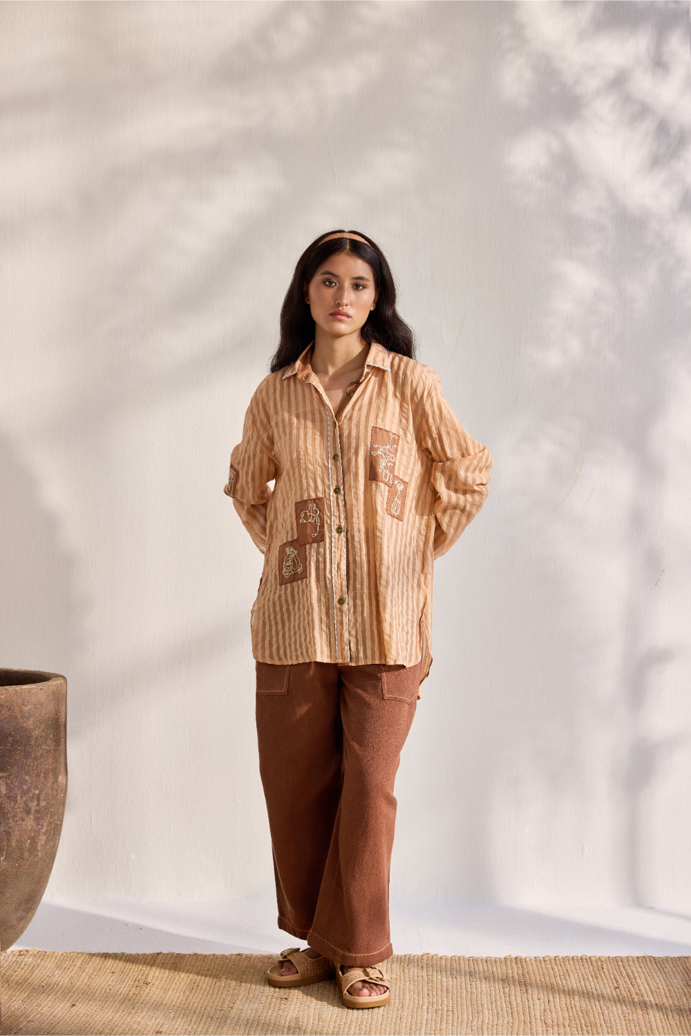Chai woven striped embroidered patchwork button down shirt