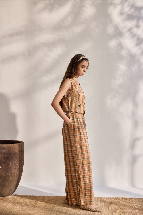 Beige woven checks pleated pants
