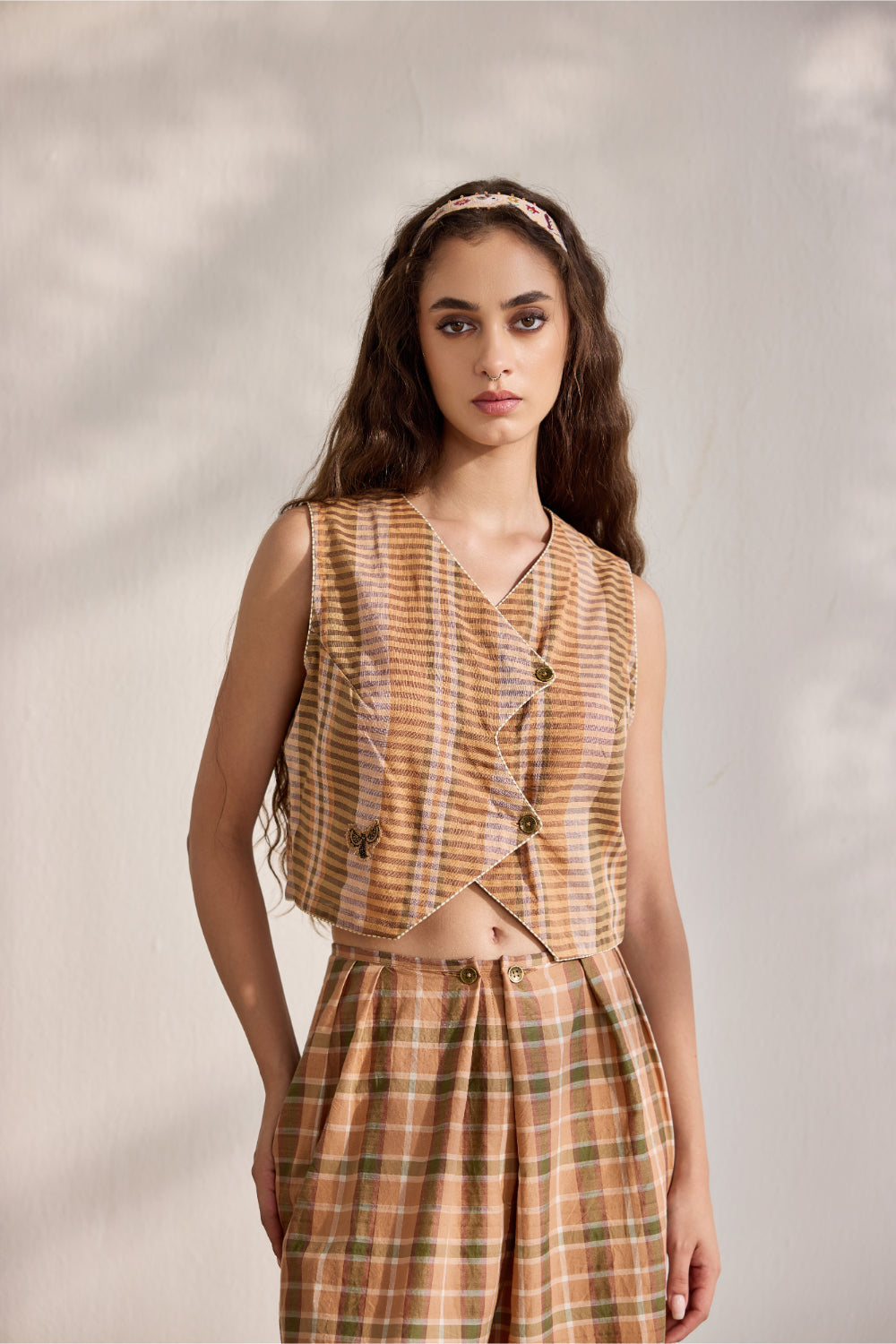 Beige checks waistcoat top