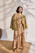 Military green quilted jacket with jacquard printed patchwork