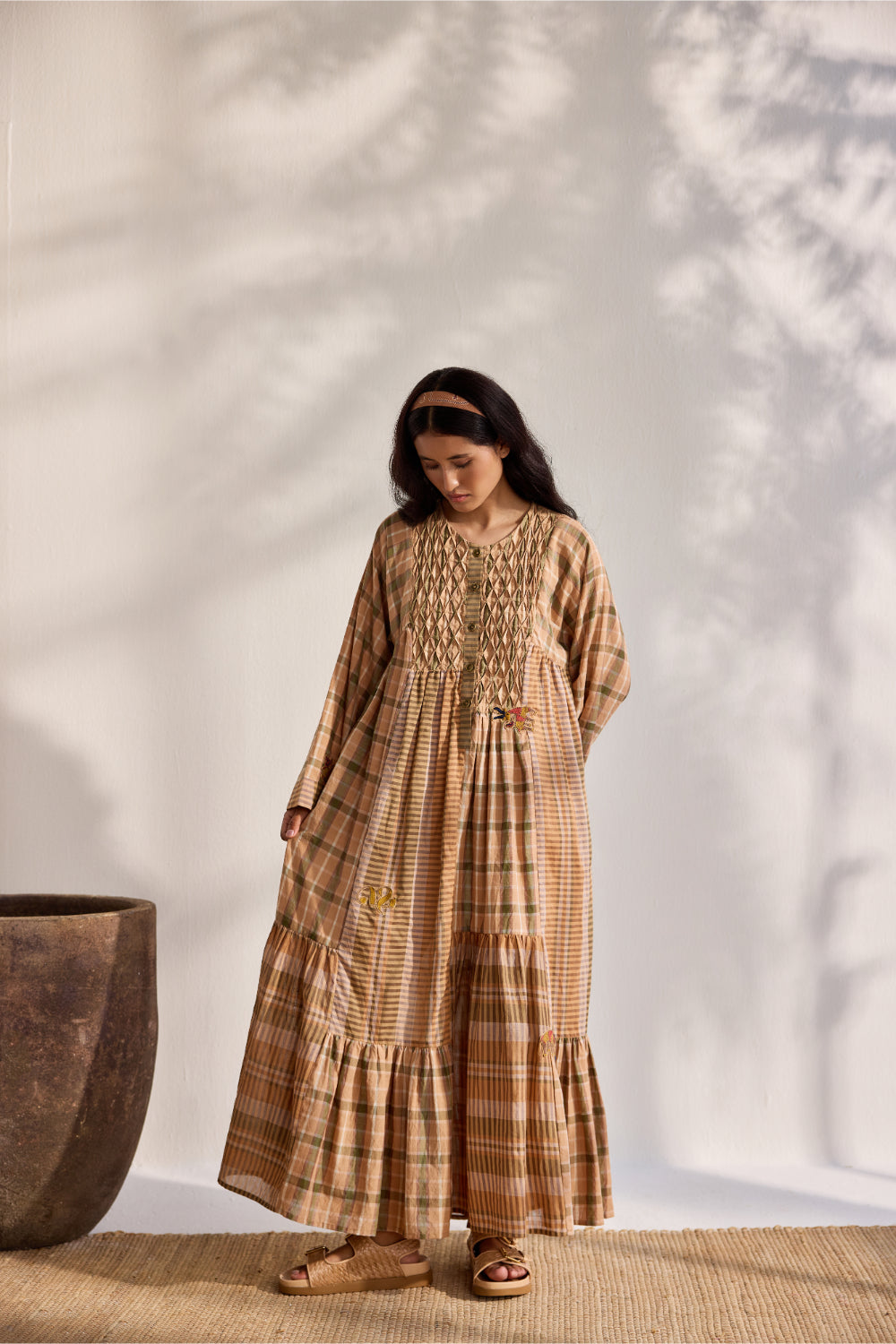 Beige checks and striped relaxed dress with embroidered appliques