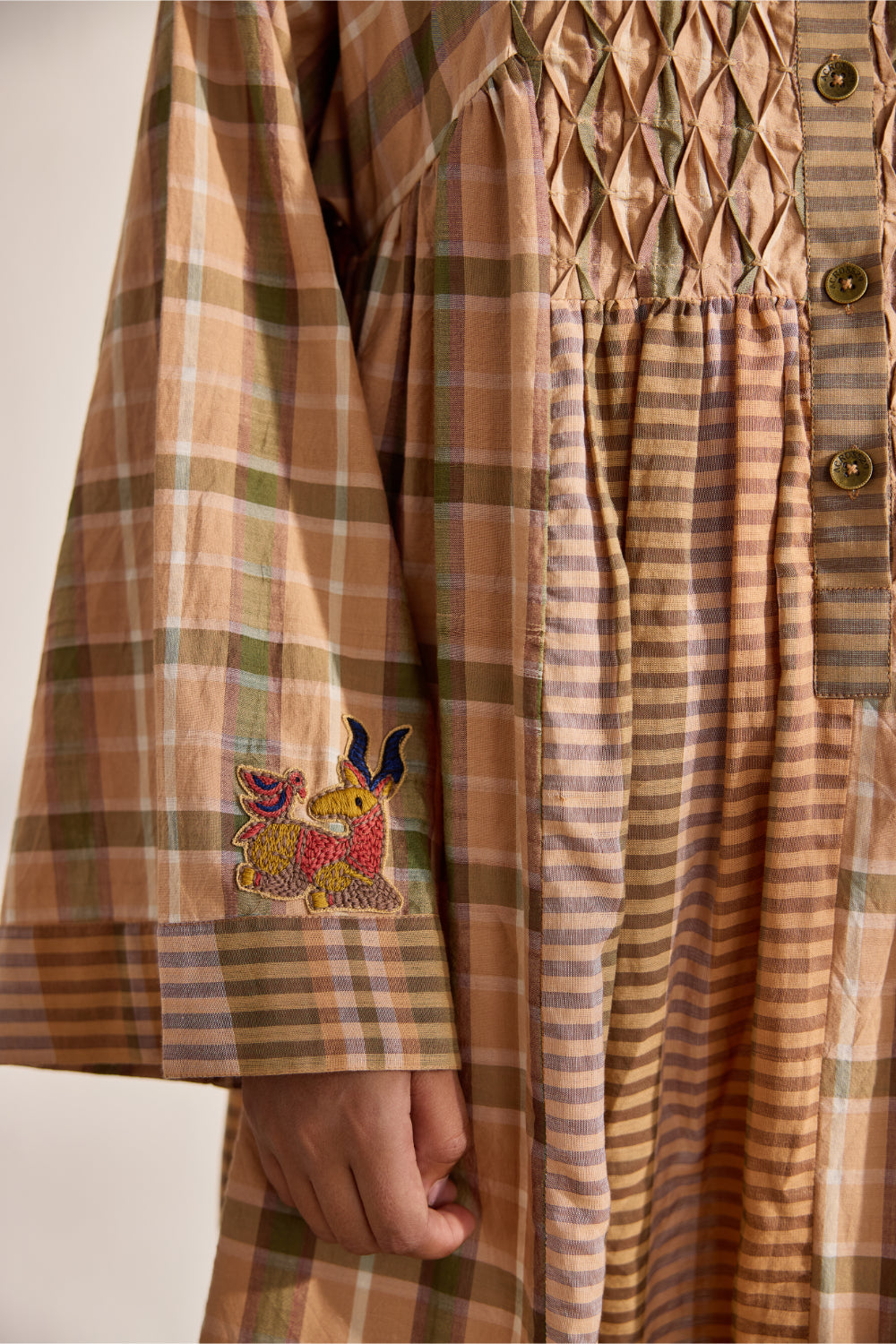 Beige checks and striped relaxed dress with embroidered appliques