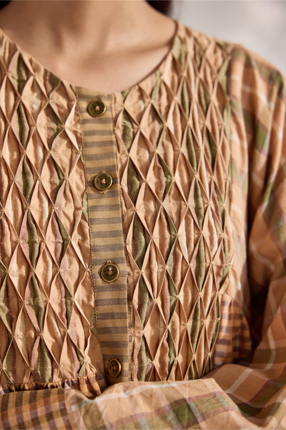 Beige checks and striped relaxed dress with embroidered appliques