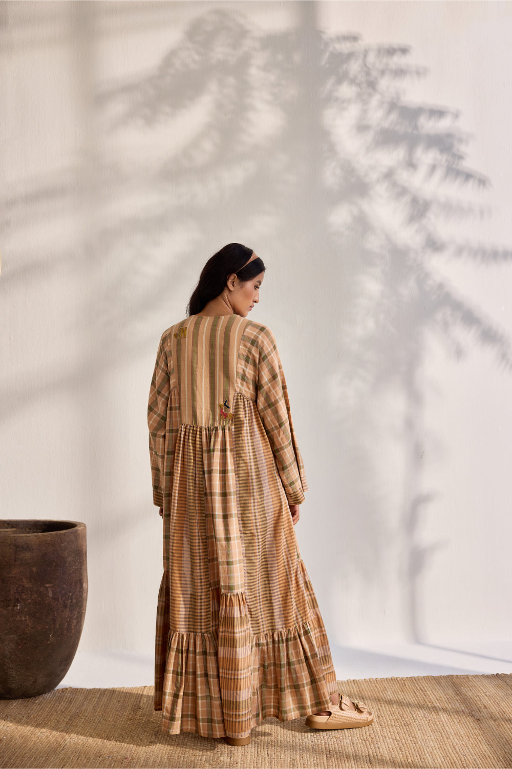 Beige checks and striped relaxed dress with embroidered appliques