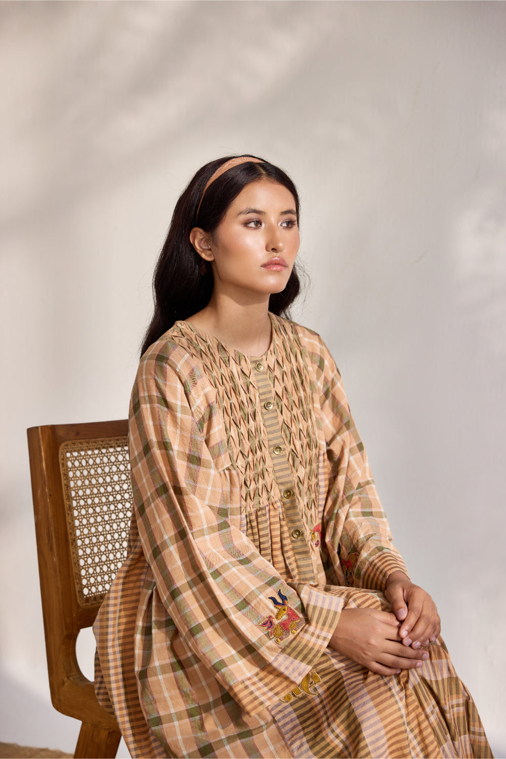 Beige checks and striped relaxed dress with embroidered appliques