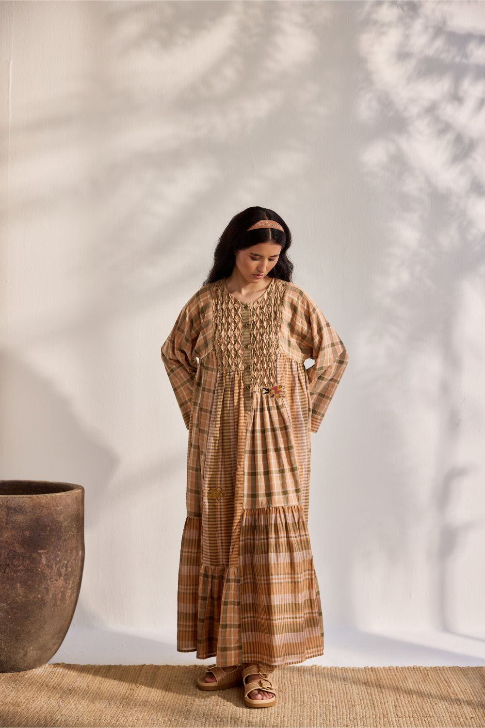 Beige checks and striped relaxed dress with embroidered appliques