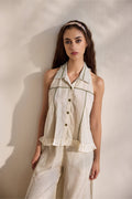 Ecru bamboo cotton printed button down sleeveless top