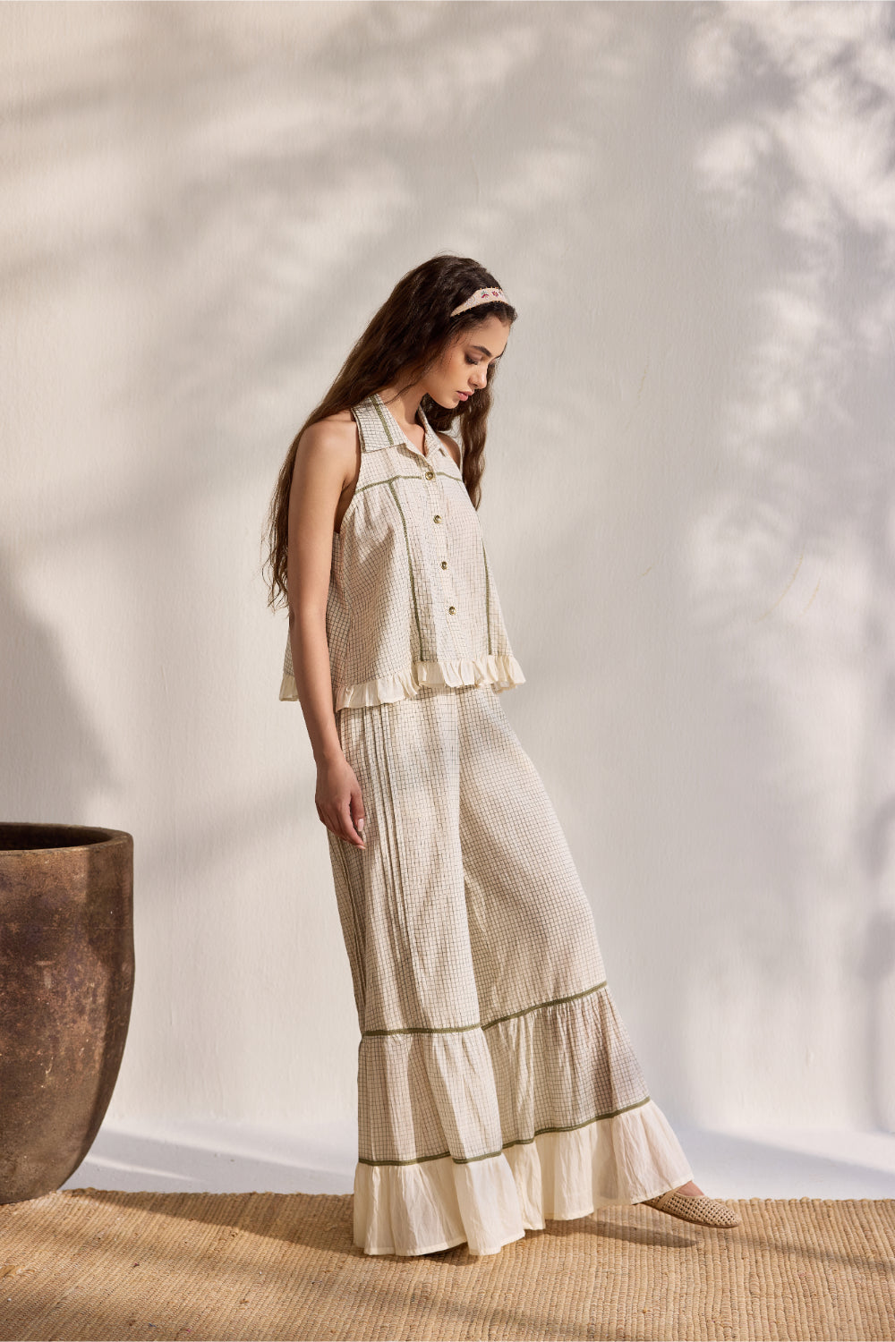 Ecru bamboo cotton checks printed Sharara pants