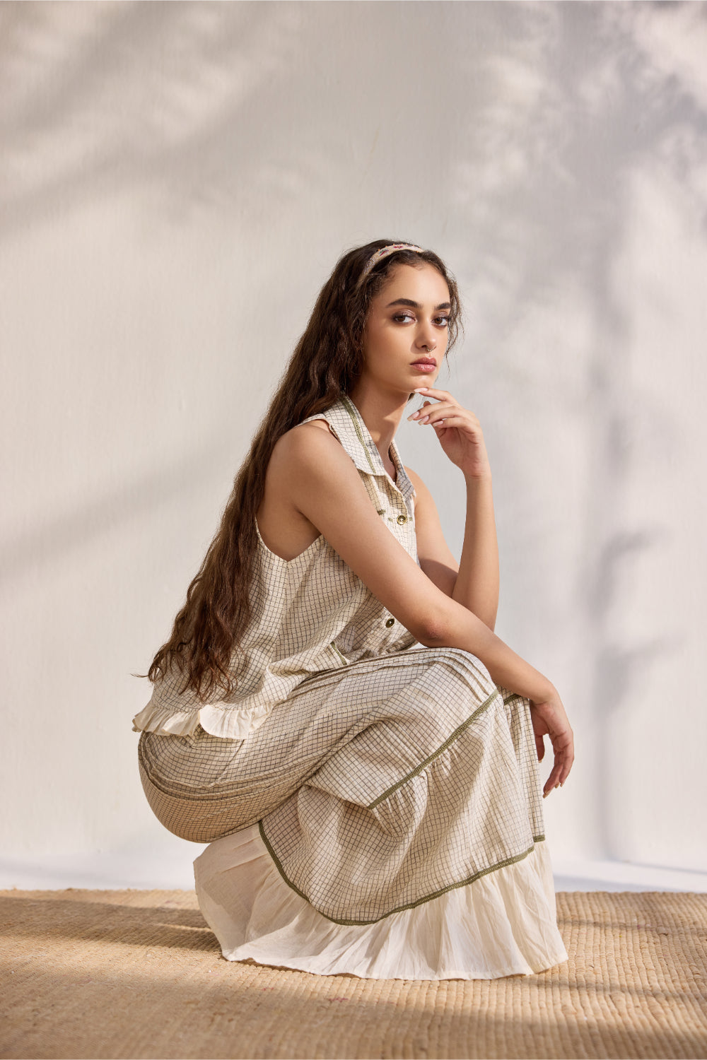 Ecru bamboo cotton checks printed Sharara pants
