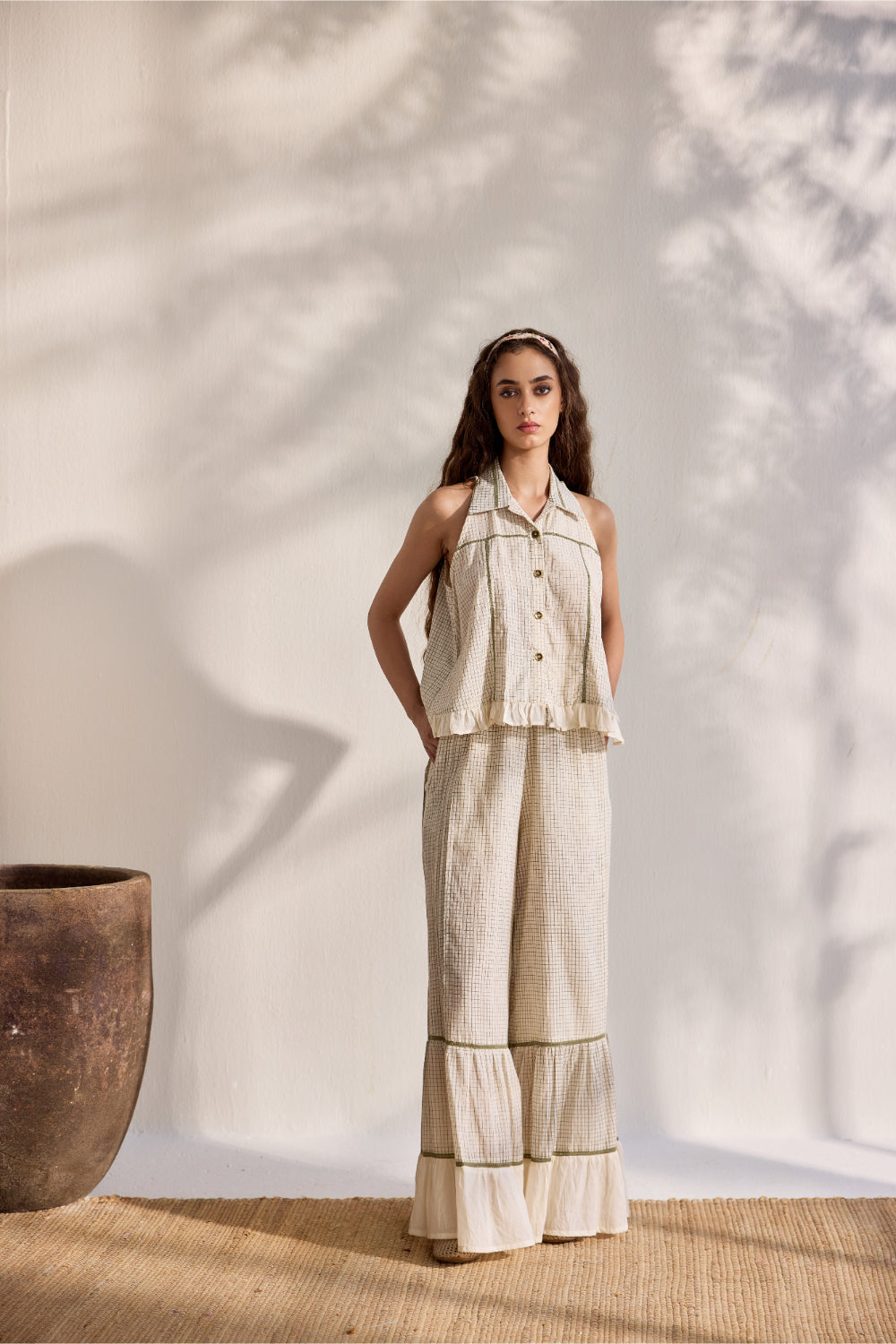 Ecru bamboo cotton checks printed Sharara pants