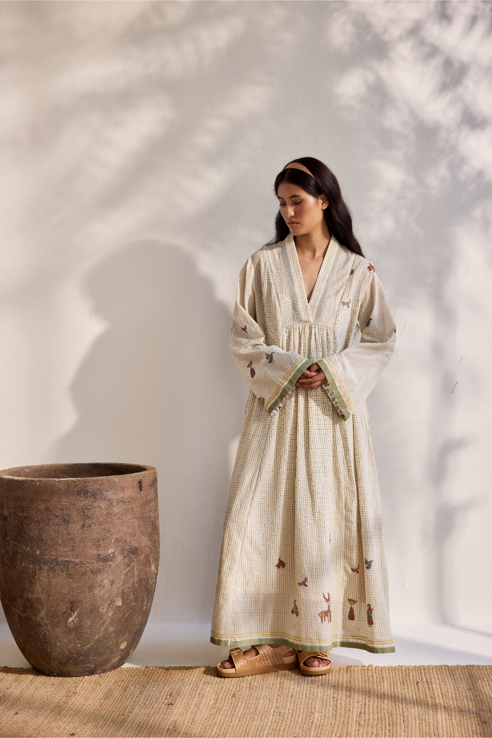Ecru bamboo cotton checks and bird printed midi dress
