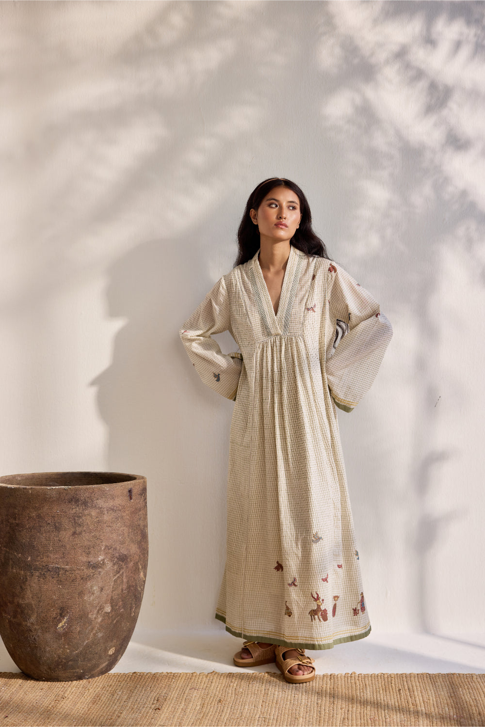 Ecru bamboo cotton checks and bird printed midi dress