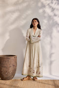 Ecru bamboo cotton checks and bird printed midi dress