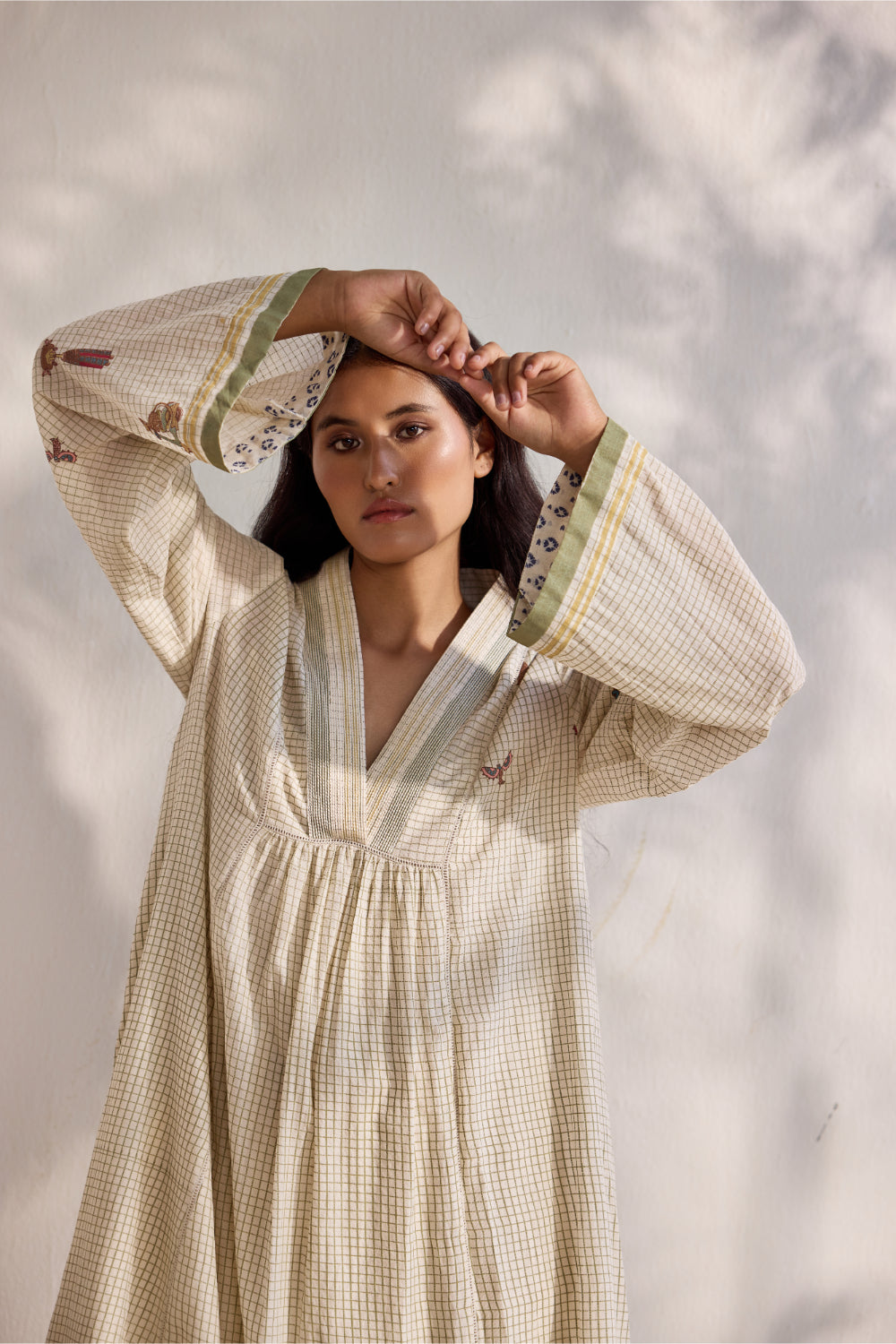 Ecru bamboo cotton checks and bird printed midi dress