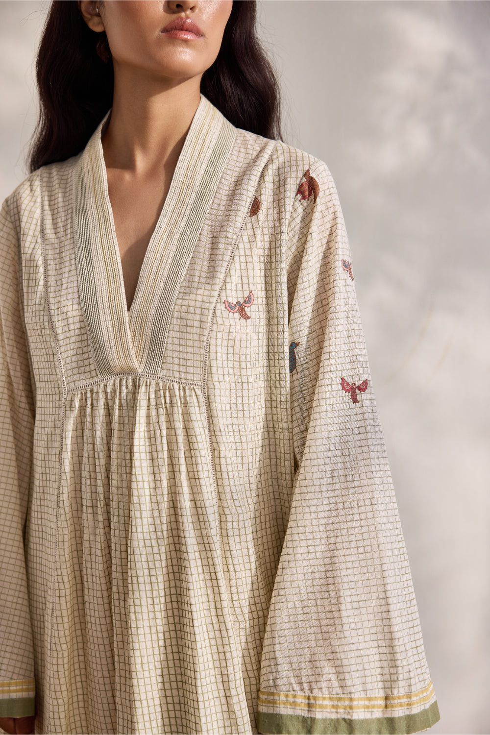 Ecru bamboo cotton checks and bird printed midi dress