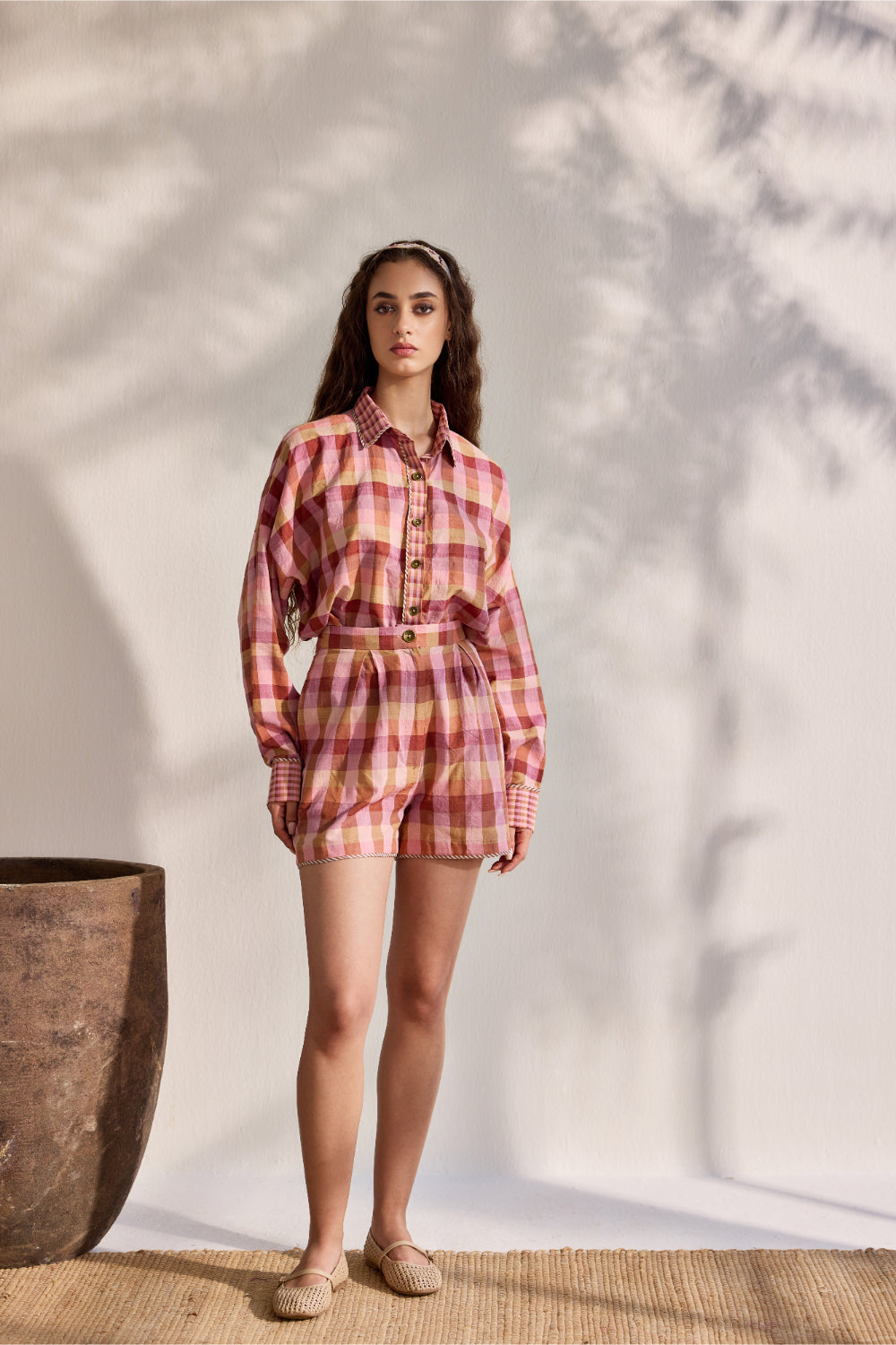 Blush macro multi-checks woven pleated shorts