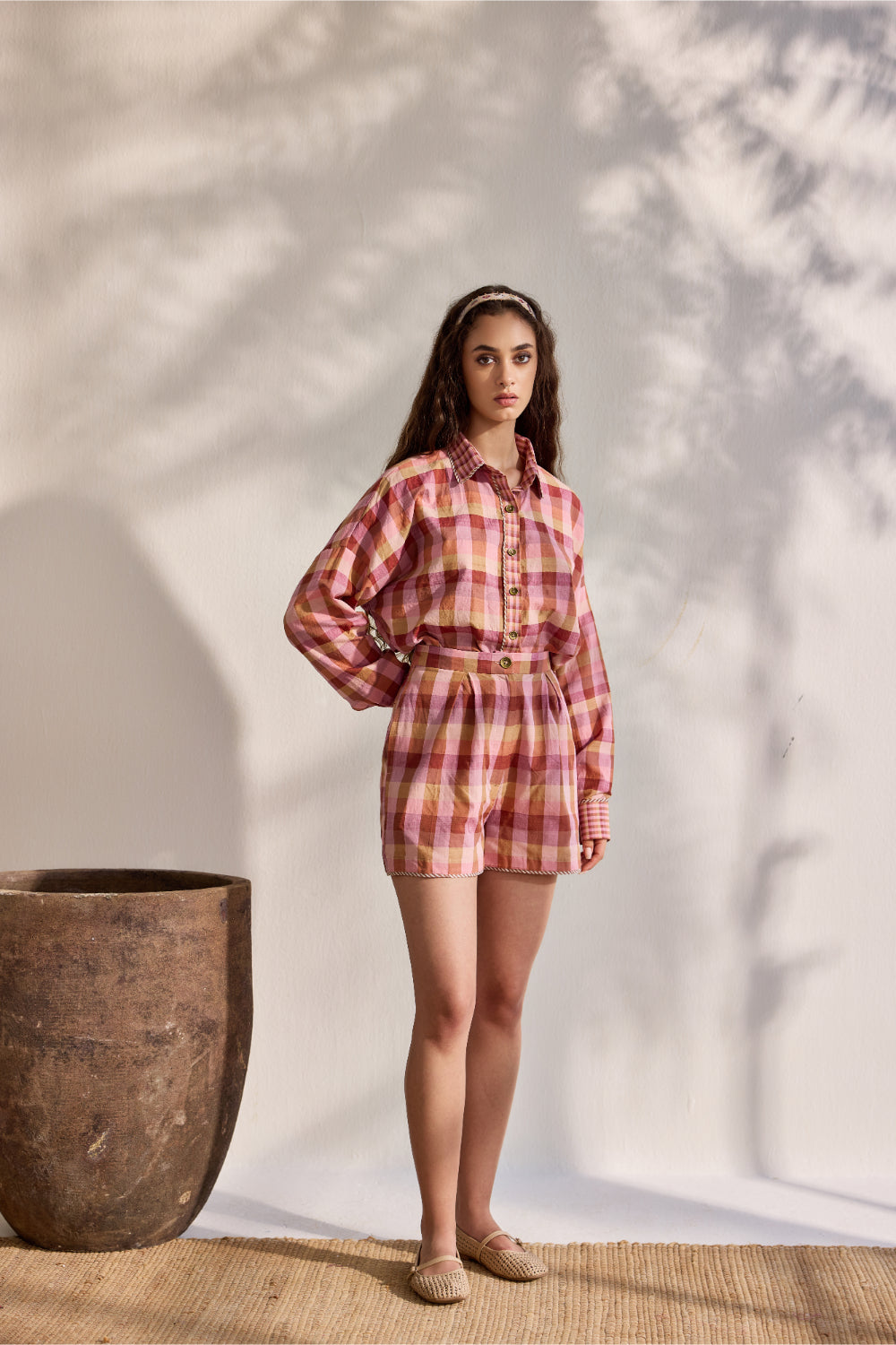Blush macro multi-checks woven pleated shorts