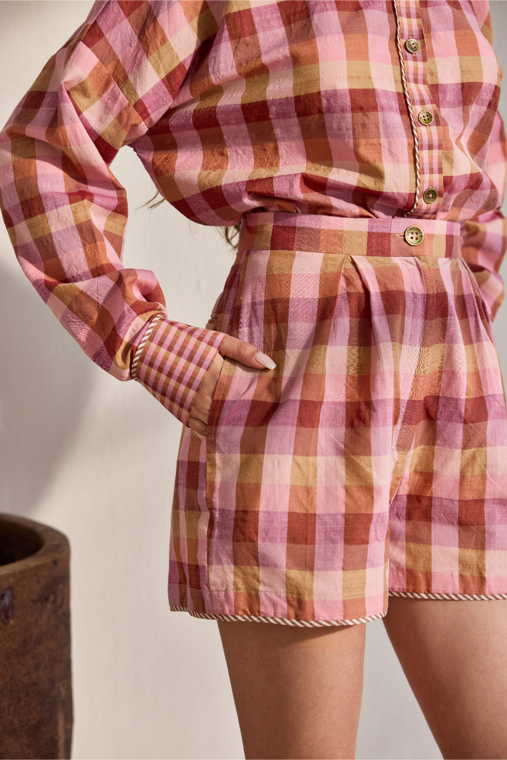 Blush macro multi-checks woven pleated shorts