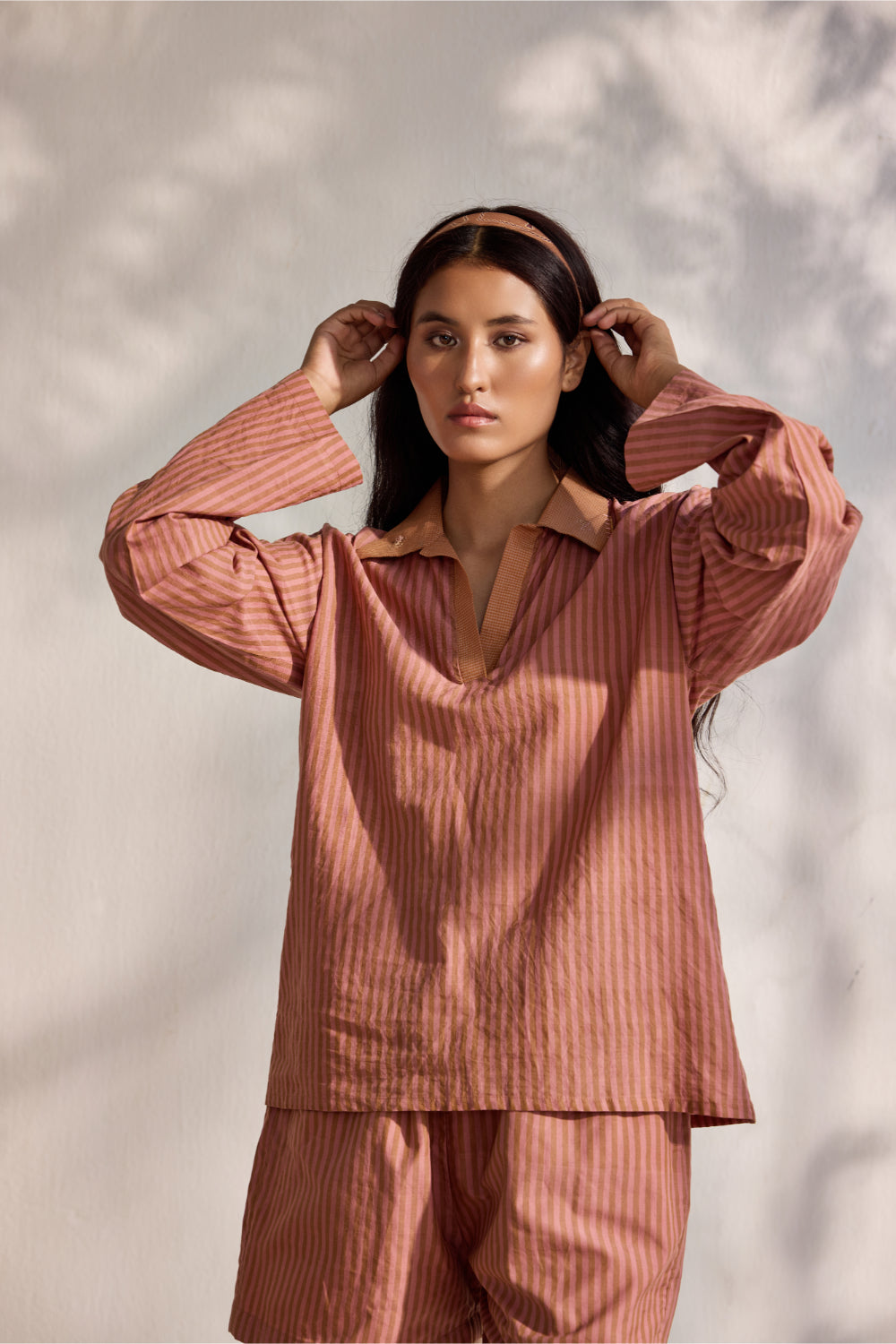 Blush striped woven and embroidered shirt