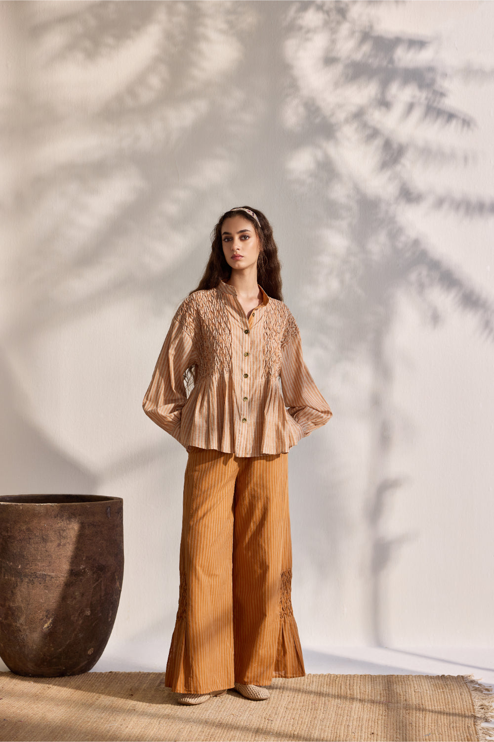 Tangerine woven striped pants with smoking details