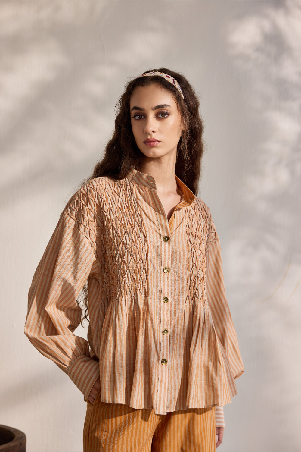 Beige striped smoking detail oversized shirt