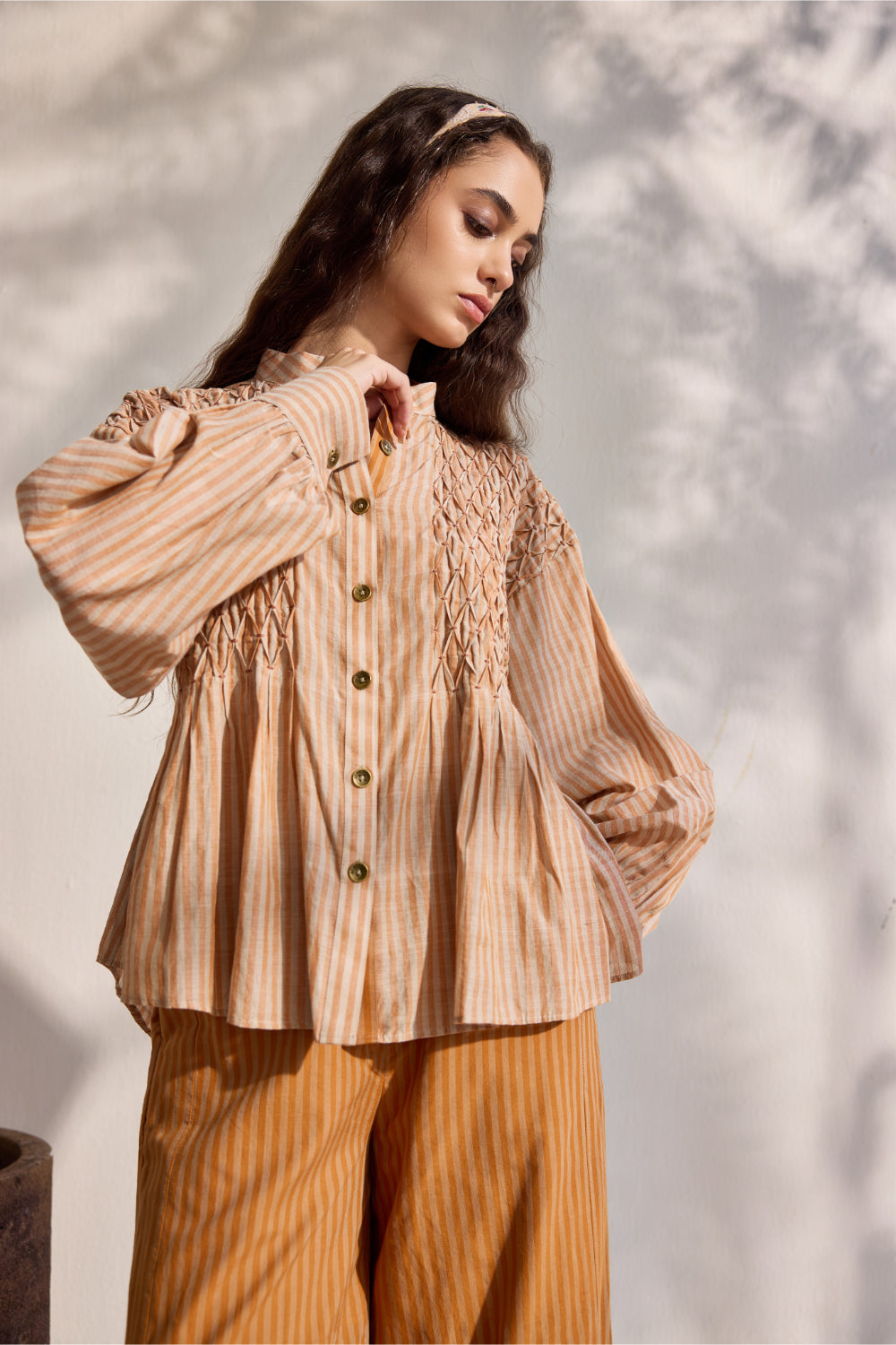 Beige striped smoking detail oversized shirt