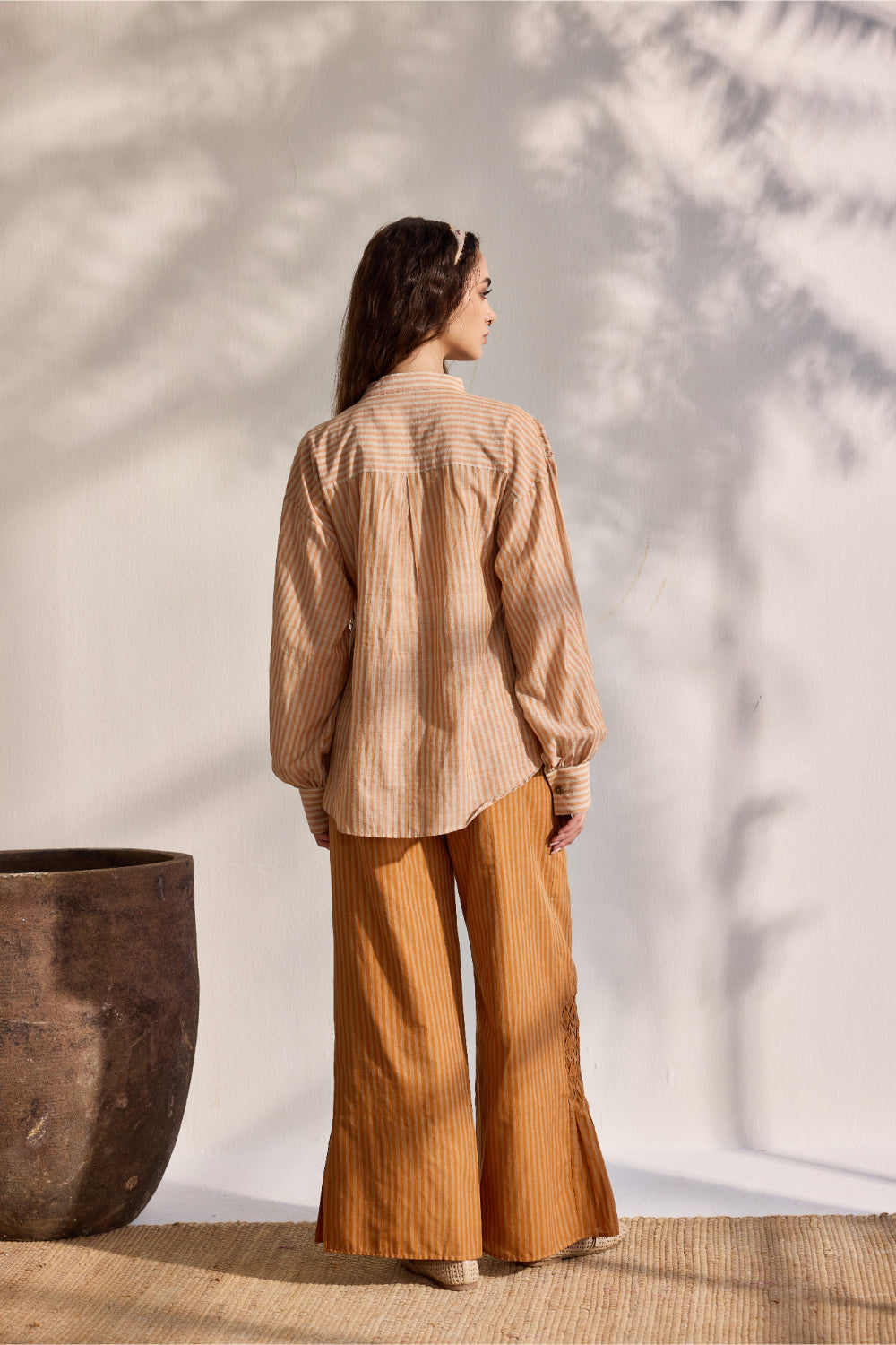 Beige striped smoking detail oversized shirt