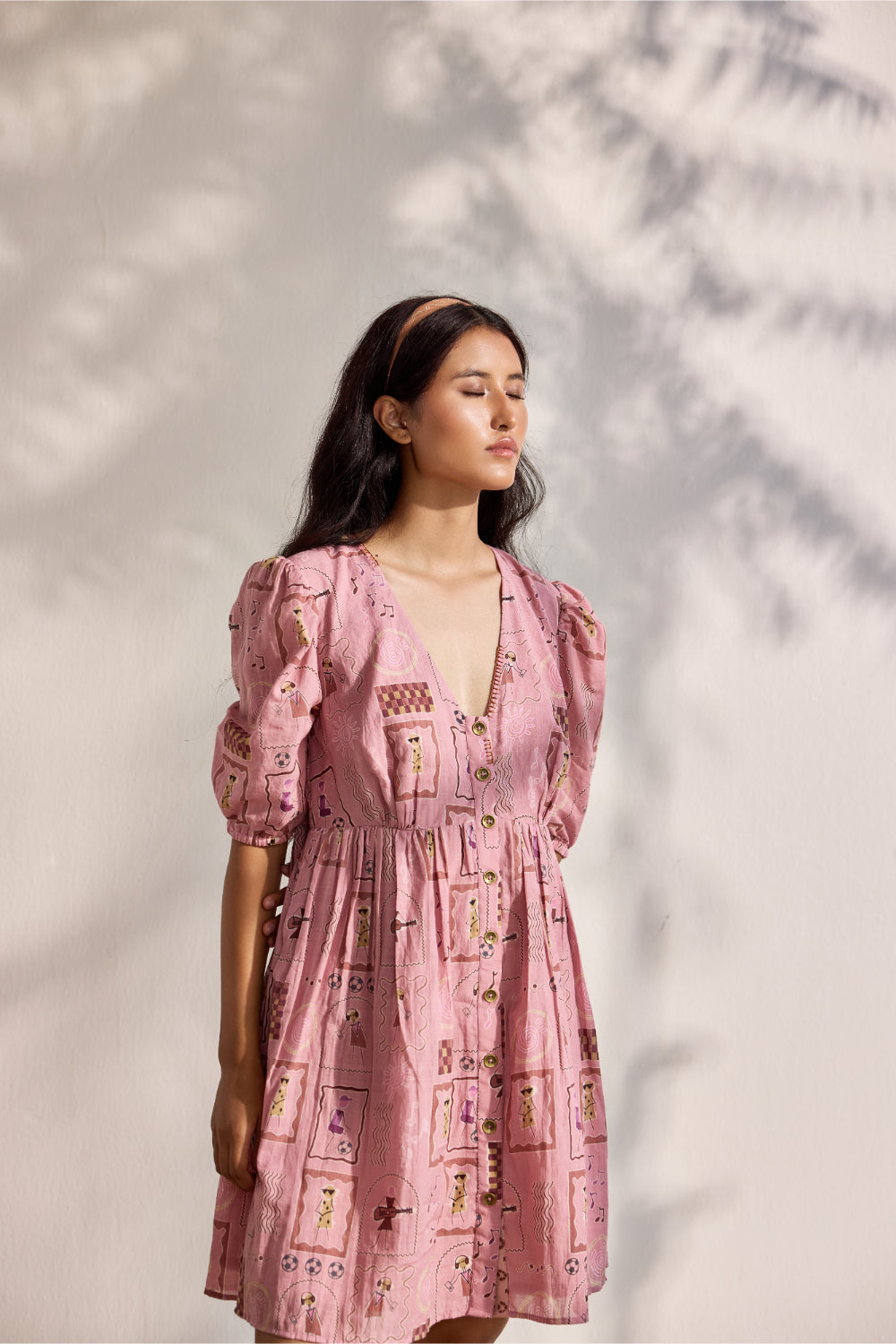 Blush front open bamboo cotton Warli print mini dress