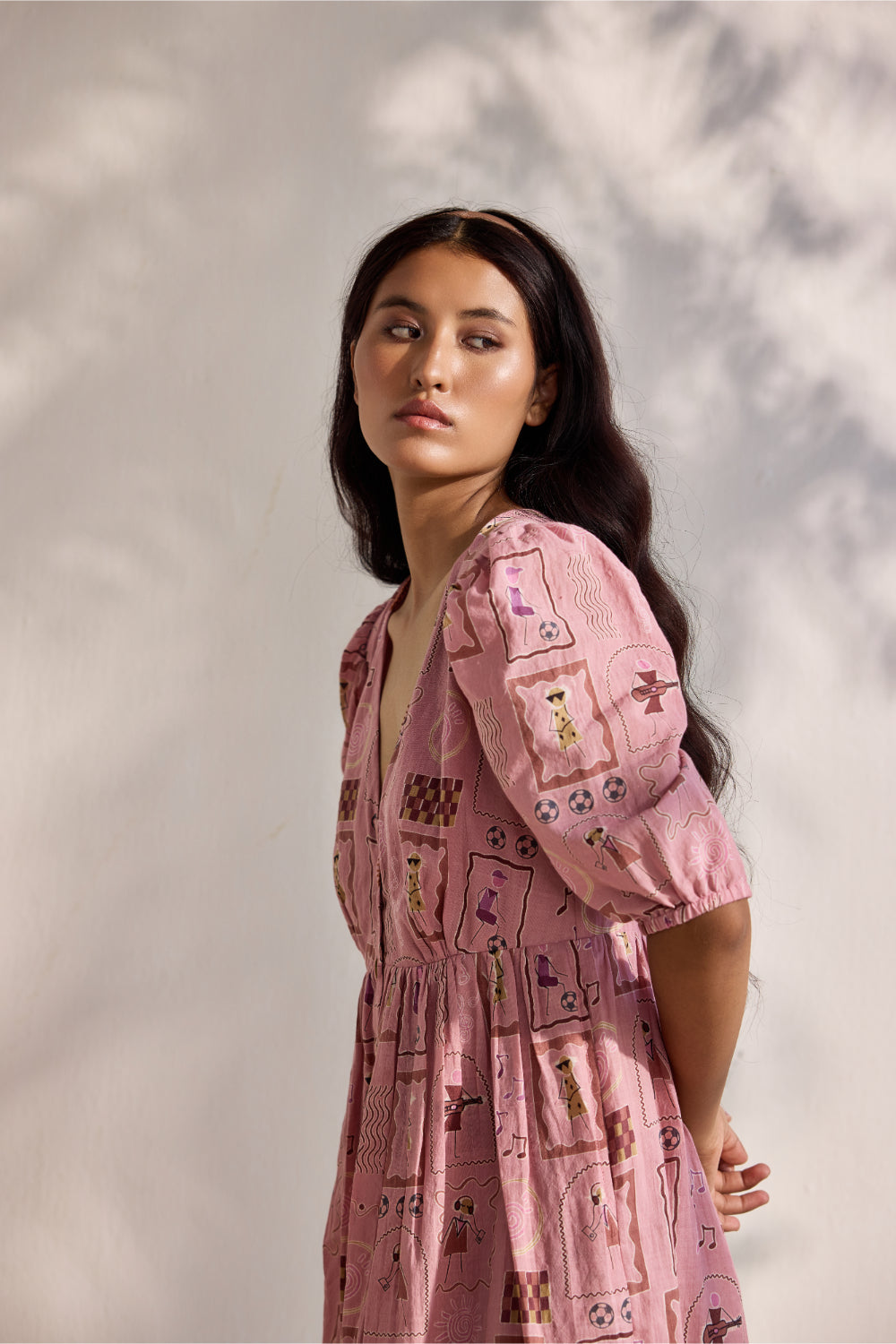 Blush front open bamboo cotton Warli print mini dress