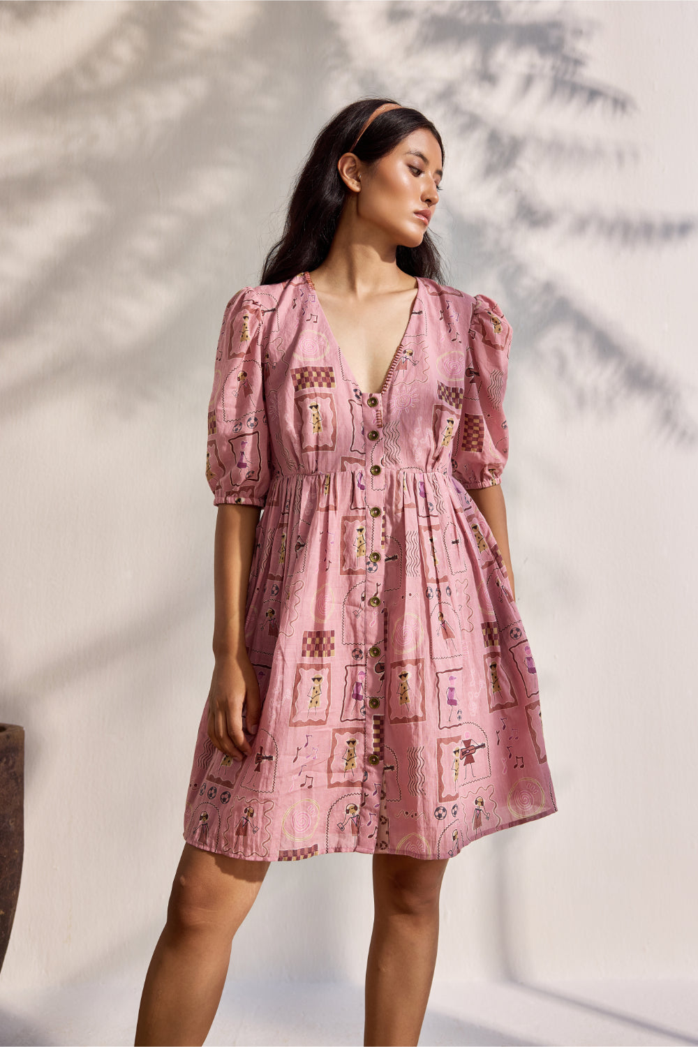 Blush front open bamboo cotton Warli print mini dress