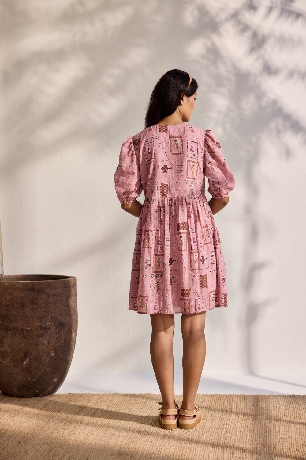 Blush front open bamboo cotton Warli print mini dress