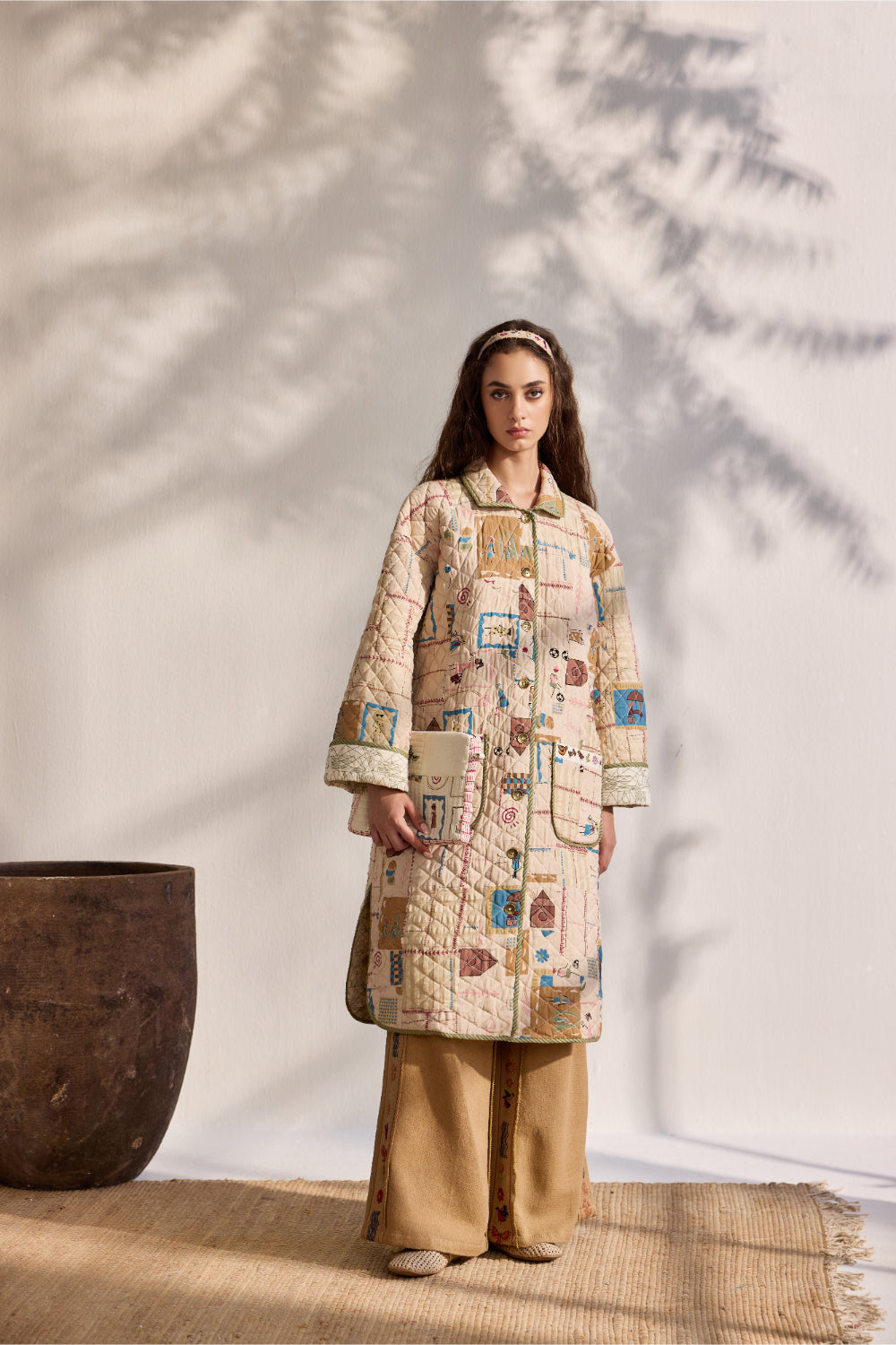 Beige bamboo cotton printed and quilted long jacket