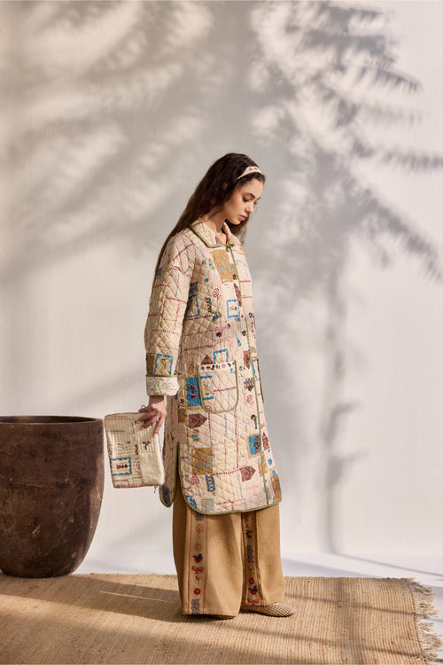 Beige bamboo cotton printed and quilted long jacket