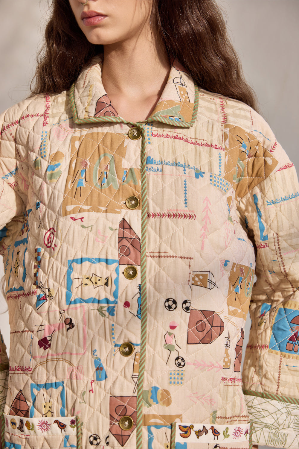 Beige bamboo cotton printed and quilted long jacket