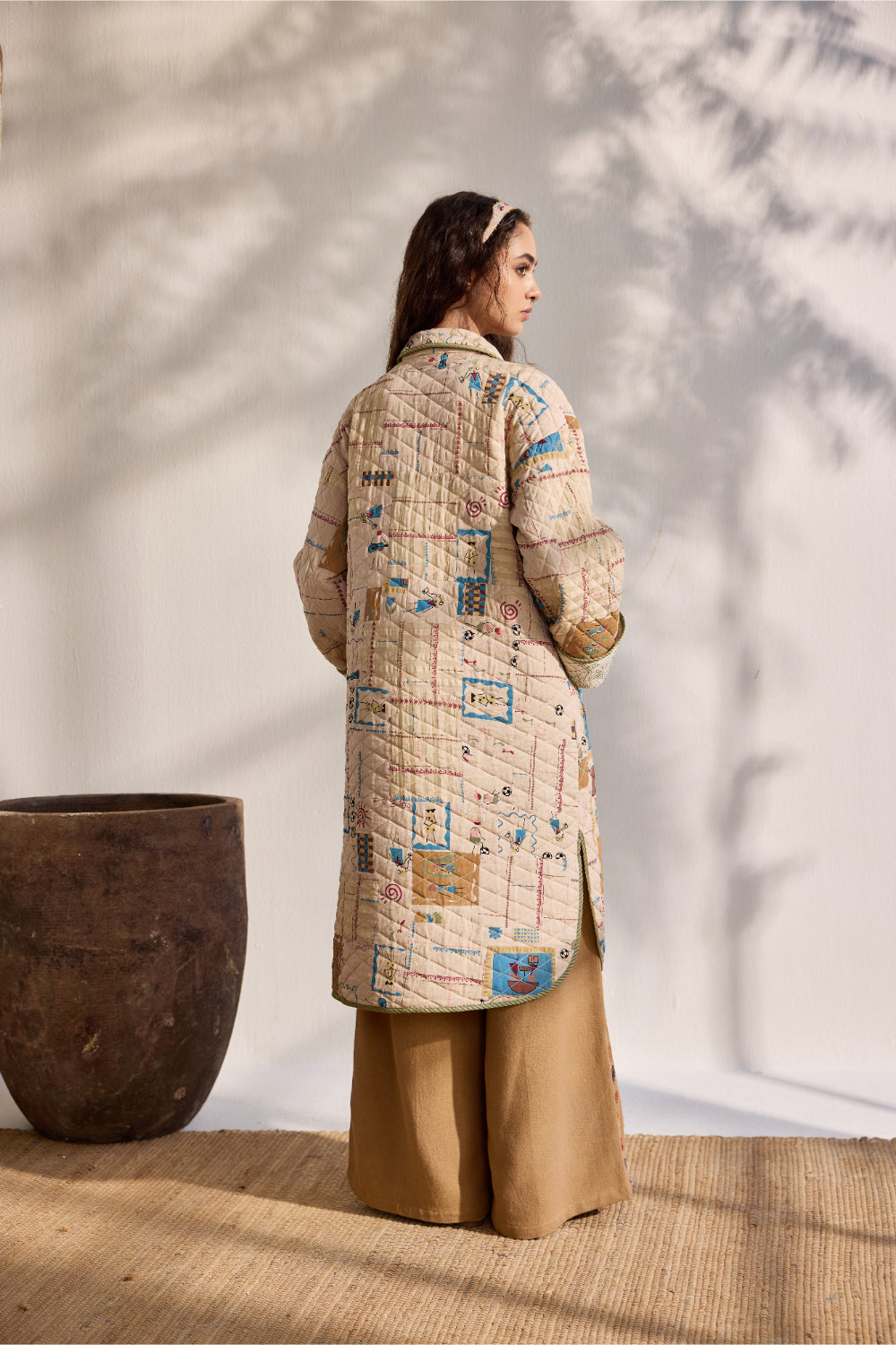 Beige bamboo cotton printed and quilted long jacket