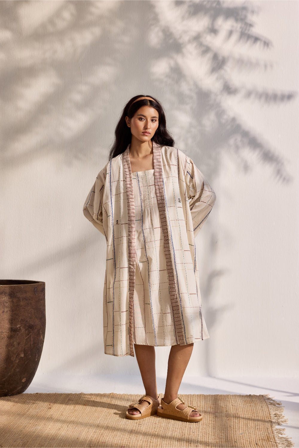 Ecru bamboo cotton tribal printed and embroidered kimono with printed slip dress