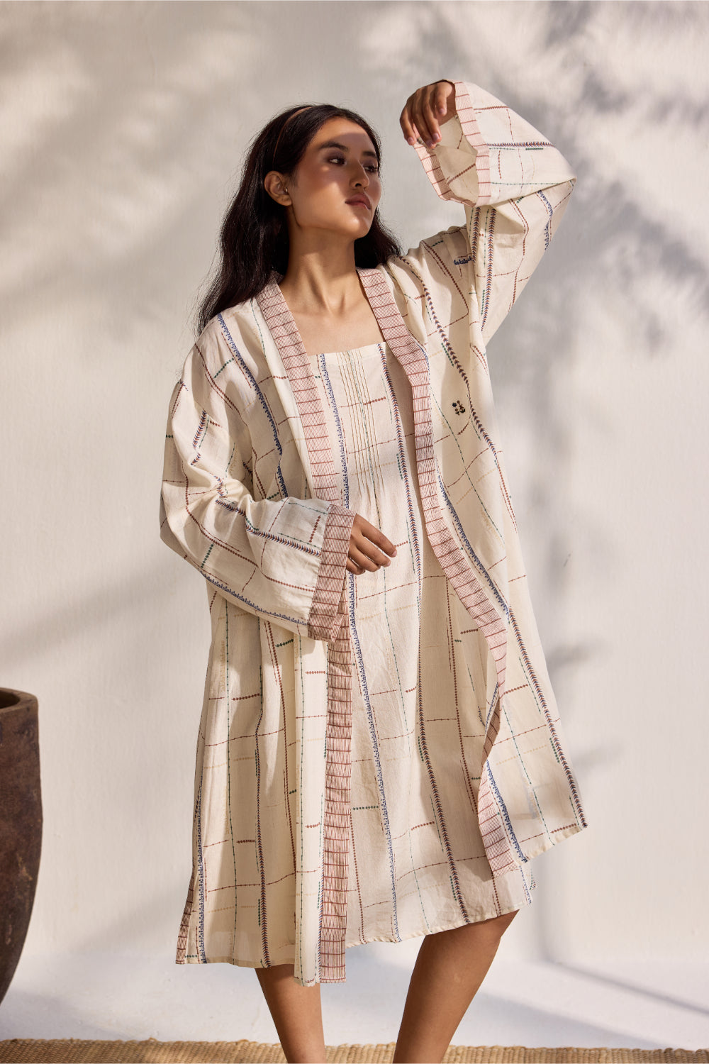 Ecru bamboo cotton tribal printed and embroidered kimono with printed slip dress