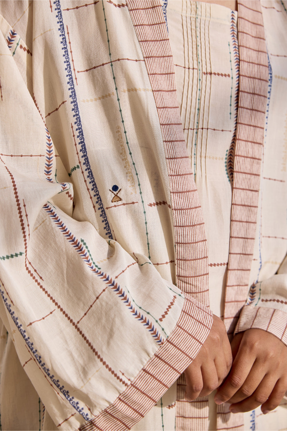 Ecru bamboo cotton tribal printed and embroidered kimono with printed slip dress