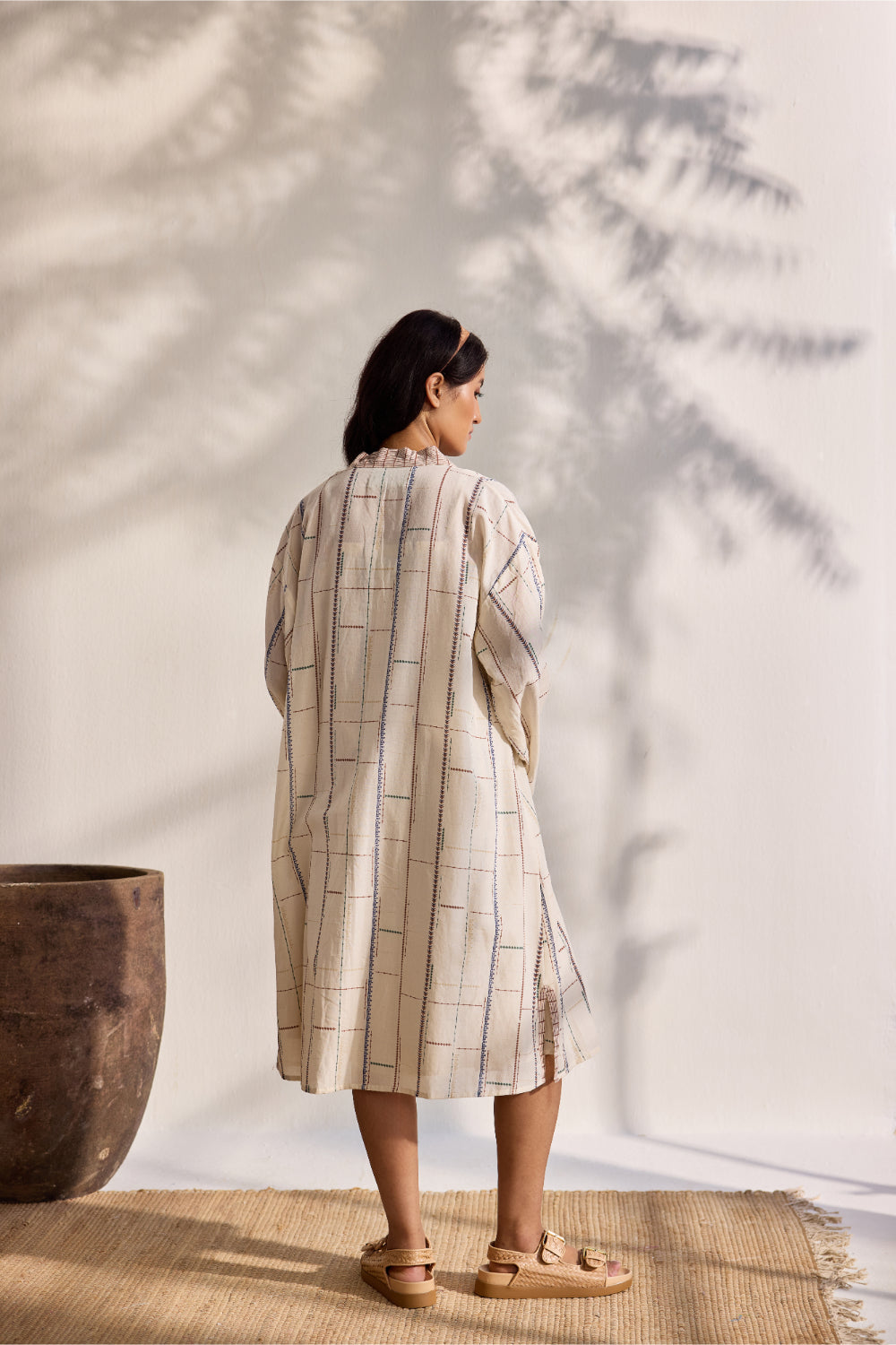 Ecru bamboo cotton tribal printed and embroidered kimono with printed slip dress