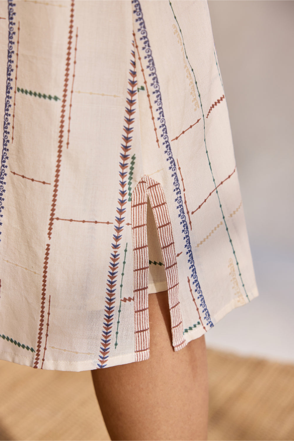 Ecru bamboo cotton tribal printed and embroidered kimono with printed slip dress